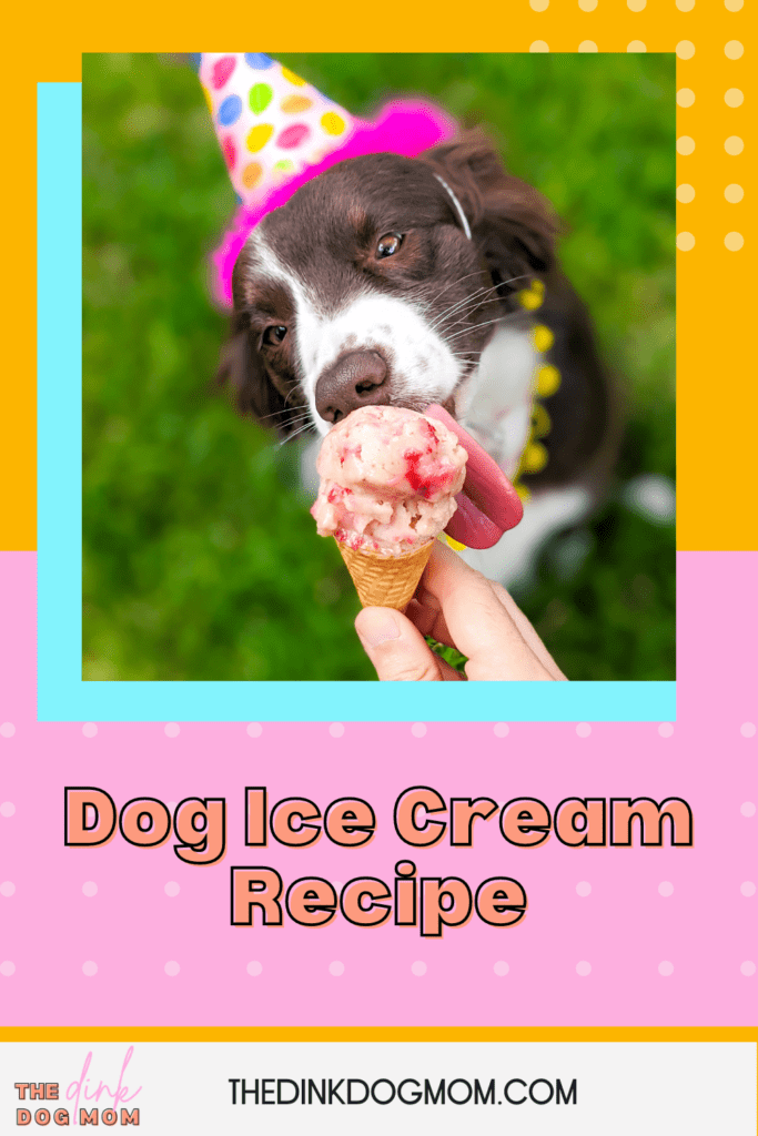Pinterest Pin with image of a dog in a birthday hat licking ice cream off a cone.