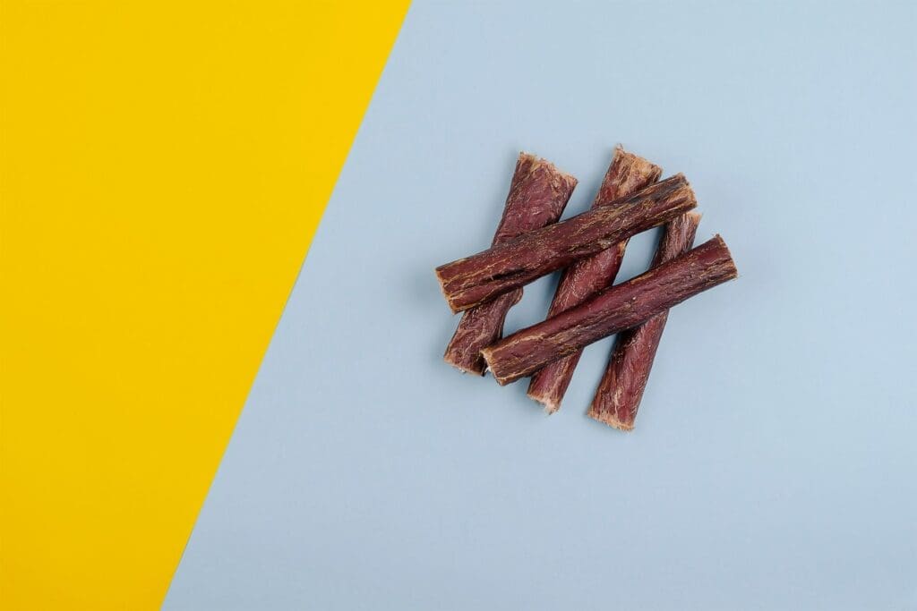 dried beef gullets on a blue and yellow background